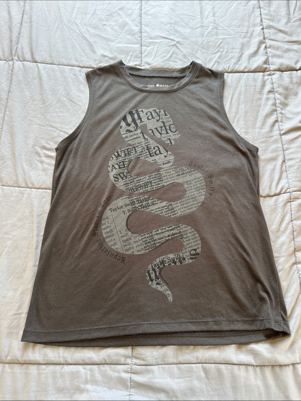 Taylor Swift Brown Tank with Newspaper-Print Snake Graphic